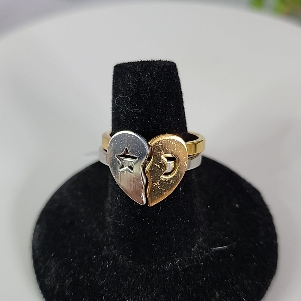 Gold and Silver Stainless Steel Star and Moon Best Friend Double Ring